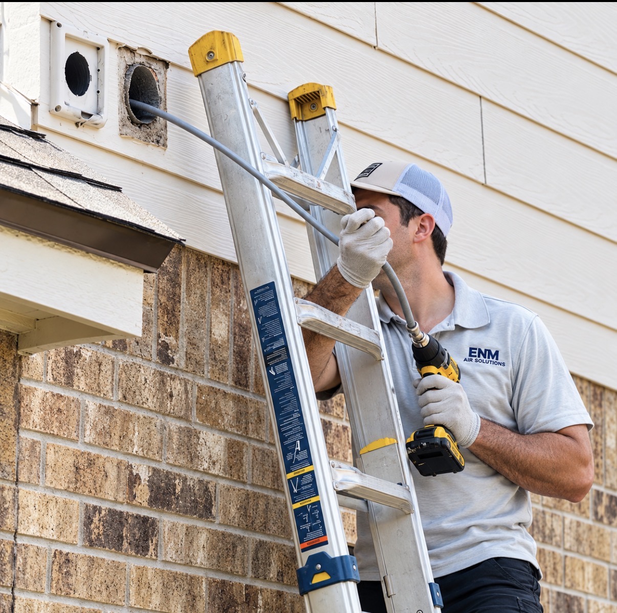 ENM Air Solutions technician cleaning an exterior dryer vent