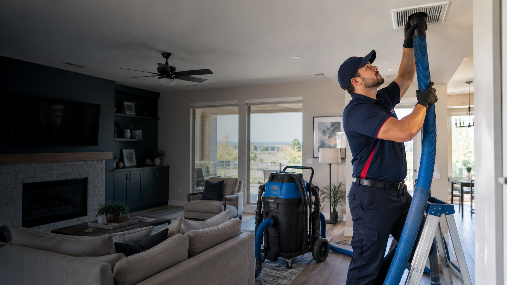 ENM technician professionally cleaning an air duct in a San Antonio home